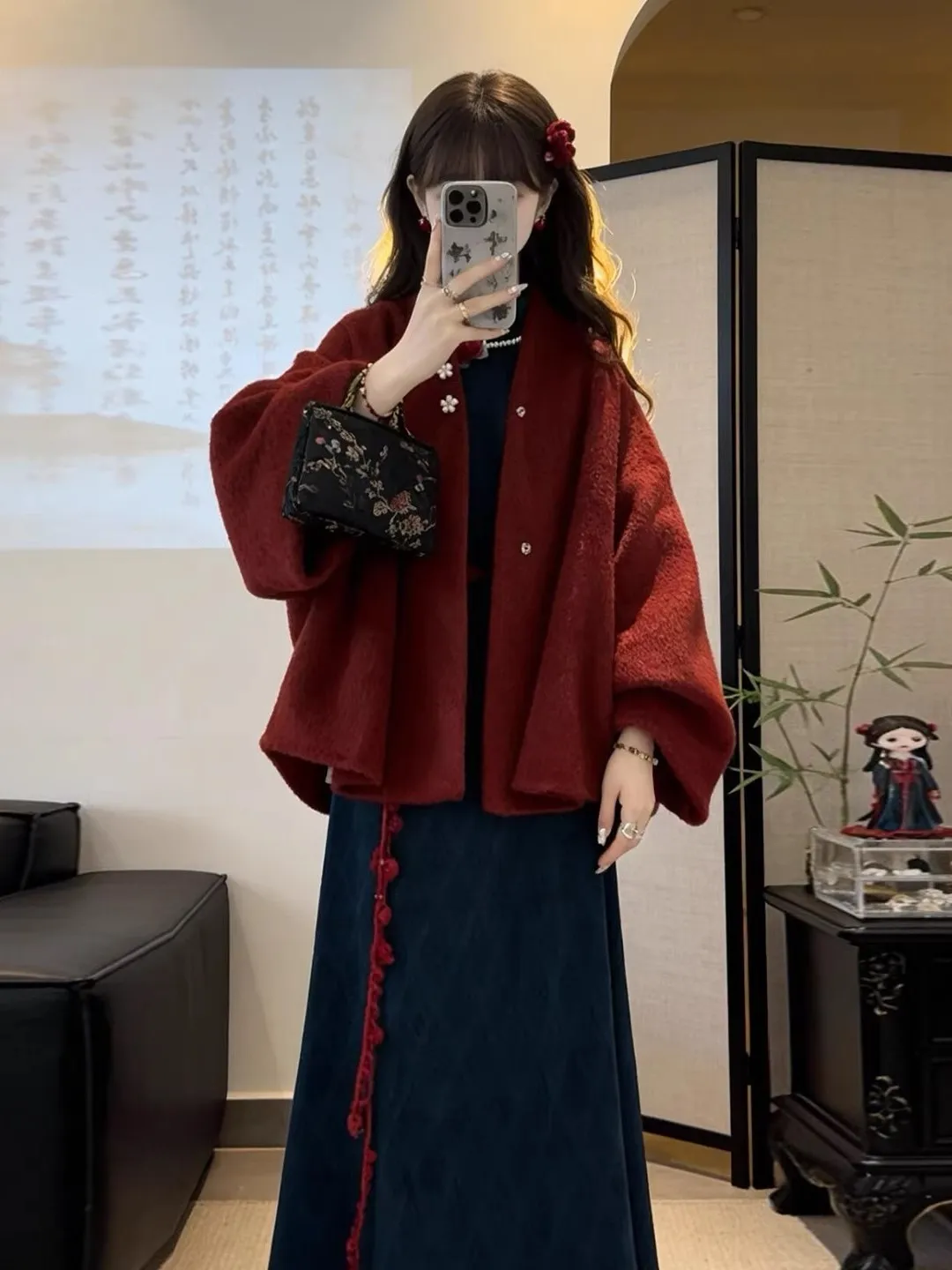 

Зимний модный комплект: красное шерстяное пальто больших размеров и платье для женщин, теплый повседневный наряд на Новый год с завышенной талией