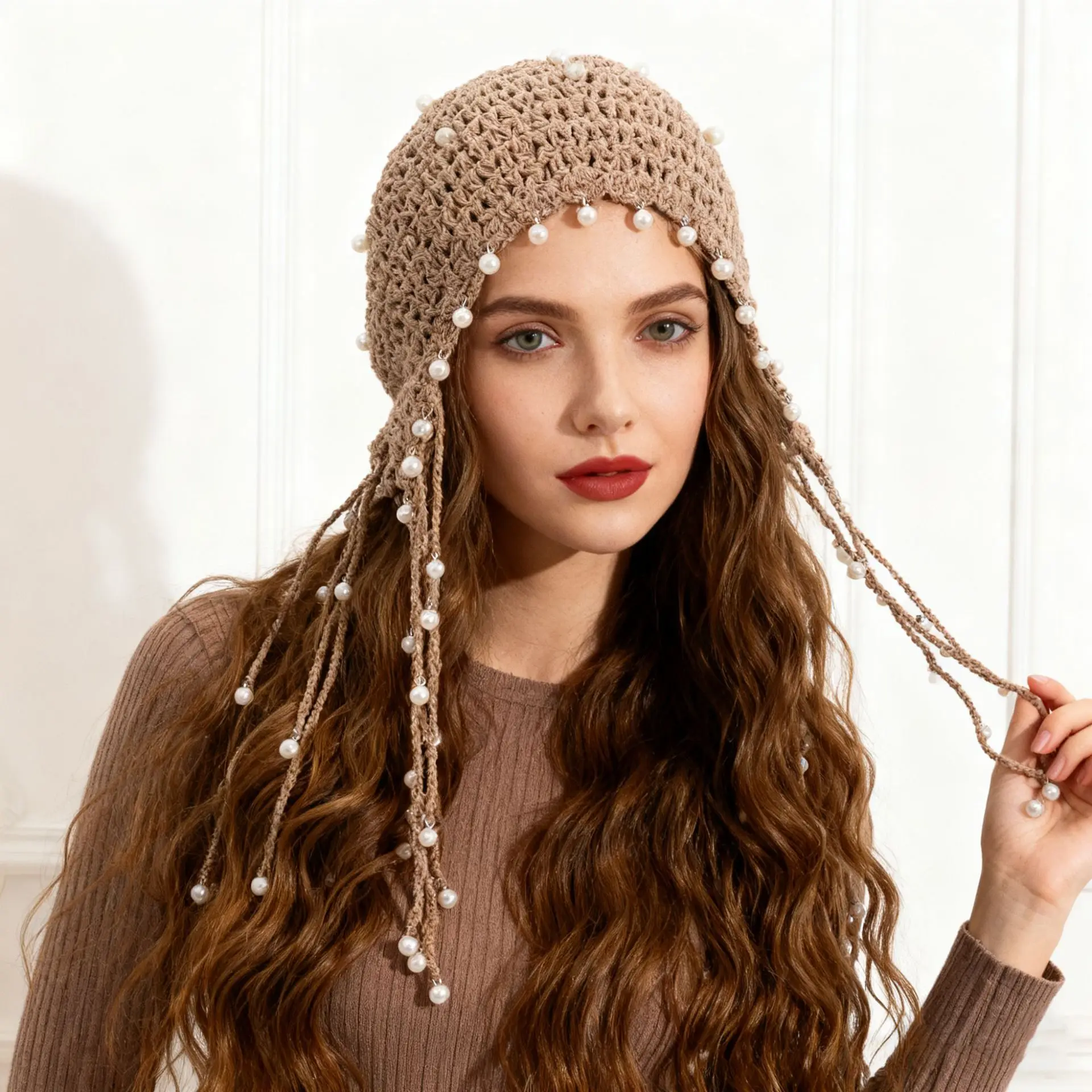 

Ethnic Style Handmade Knitted Hat Fringed Pearl Princess Hat Fashionable Hollow Retro Literary Bag Hat To Cover White Hair