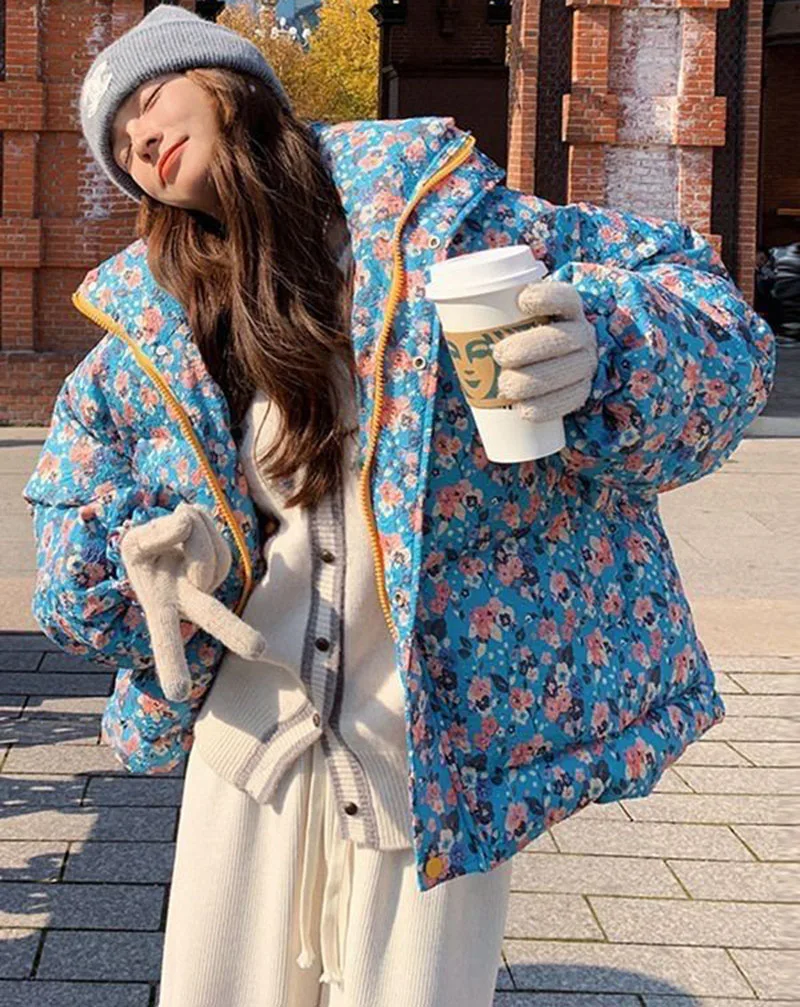 Woman Floral Printed Short Cotton Jacket Winter Thicken Loose Warm Panelled Padded Casual Outwear Female Sweet Vintage Parkas