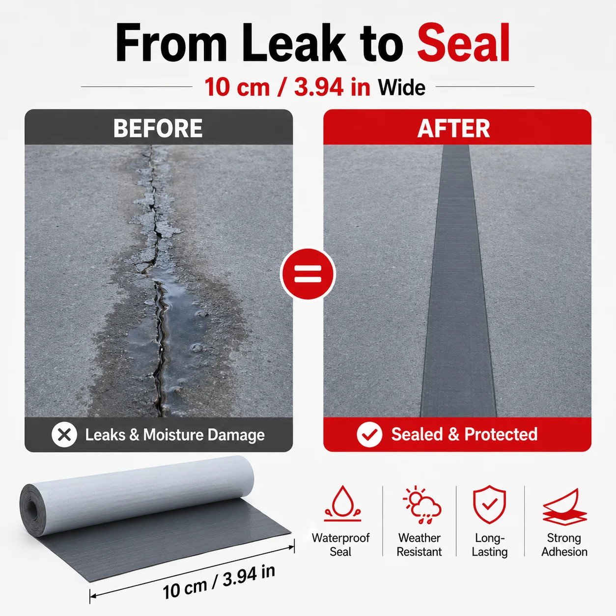 Self-Adhesive Waterproof Sealing Tape for Roofs, Walls, RVs, Gutters, Cracks, Seams, Joints and Outdoor Repairs