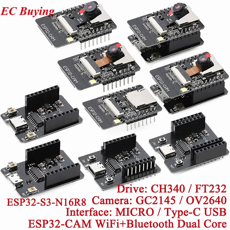 ESP32-CAM-MB ESP32 Serial to WiFi BLE Type-C MICRO Camera Module Development Board CH340 FT232 GC2145 OV2640 OV3660 ESP32-S3-N16