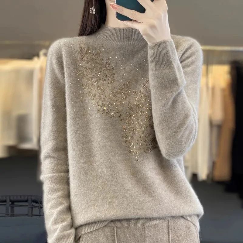 Winter New 2024 Women's Loose Fit Knitted Pure Wool Sweater High Collar Diamond Embellished Fashionable Design Casual Commute...