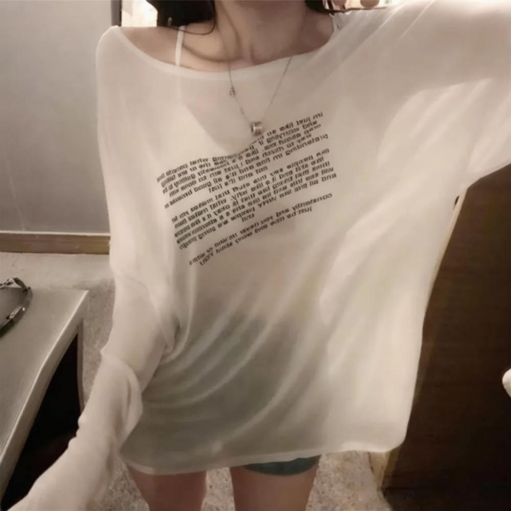 ファッションレディースサマー長袖tシャツ-セクシーなシースルーメッシュ-ルーズフィット-カジュアル-日焼け防止-ビーチウェア-トレンドトップス