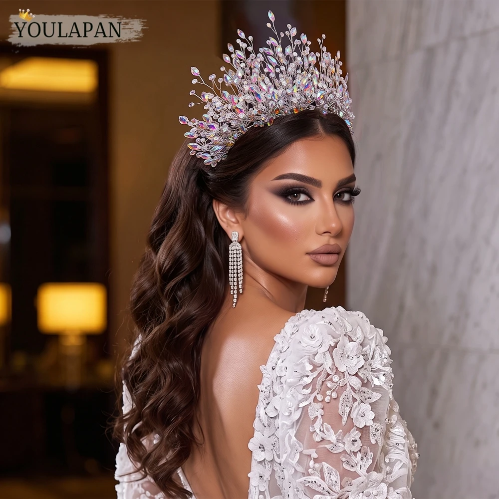 YouLaPan  AB Rhinestone Bridal Tiaras Silver Color Crystal Wedding Headband Handmade Crown Headpiece for Prom Party HP449