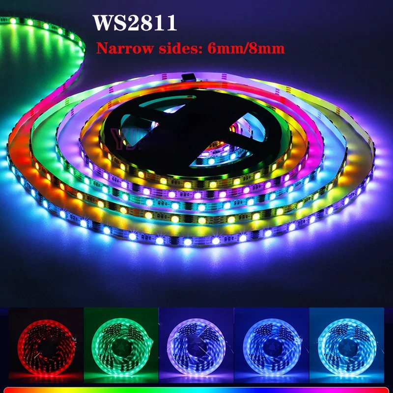 

5m Narrow side addressable WS2811 LED Strip 60/84leds/m 5050 RGB pixel flexible Light Tape External IC 6mm/8mm PCB IP30