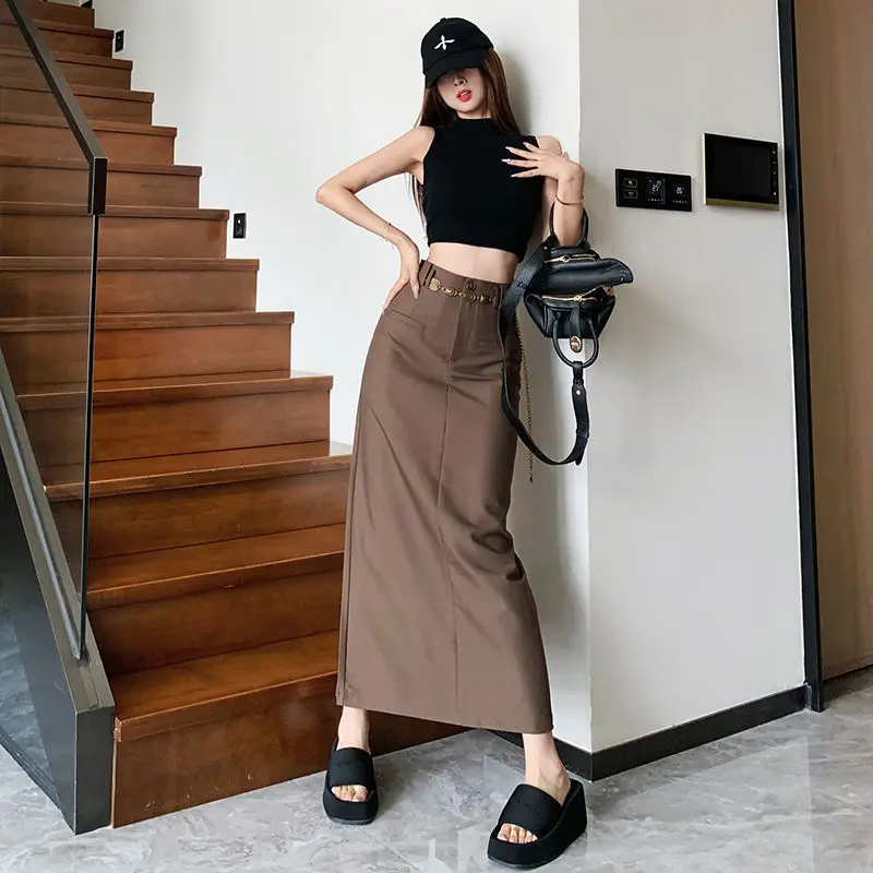 High End Mid Length Coffee Colored Full Hip Skirt with Fashionable High Waist Slimming Effect Split Straight Leg One-step Skirt