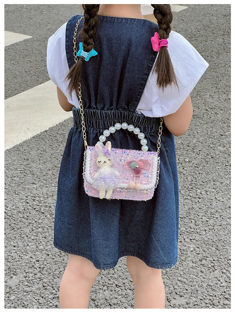 الكرتون الأرنب دمية الفتيات اللؤلؤ مقبض حقائب الكتف لطيف الأميرة صغيرة مربع حقائب اليد محفظة الأطفال سلسلة حقيبة كروسبودي