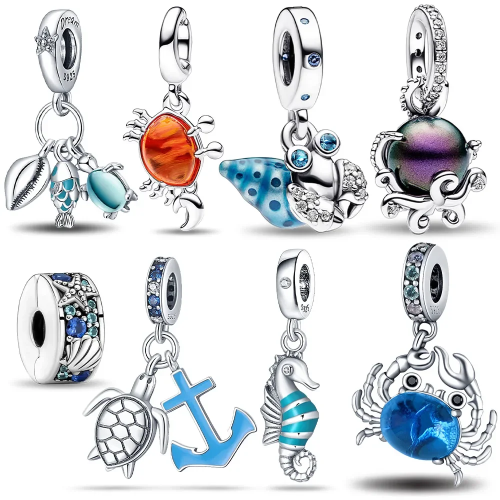 925 Sterling Silver Marine Biology Series Octopus Turtle Crab Pendant Fit Pandora Women Charm bracciale originale gioielli fai da te regalo