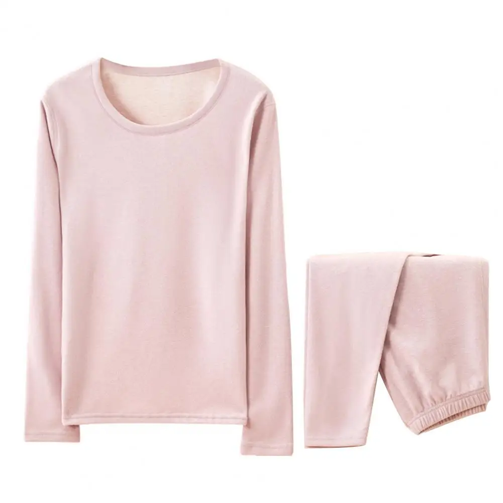 2 Pcs/Set Winter Unisex Thermal Underwear Set Round Neck Seamless Long Sleeve Warm Thick Plush Slim Fit Elastic Cold Weather Paj