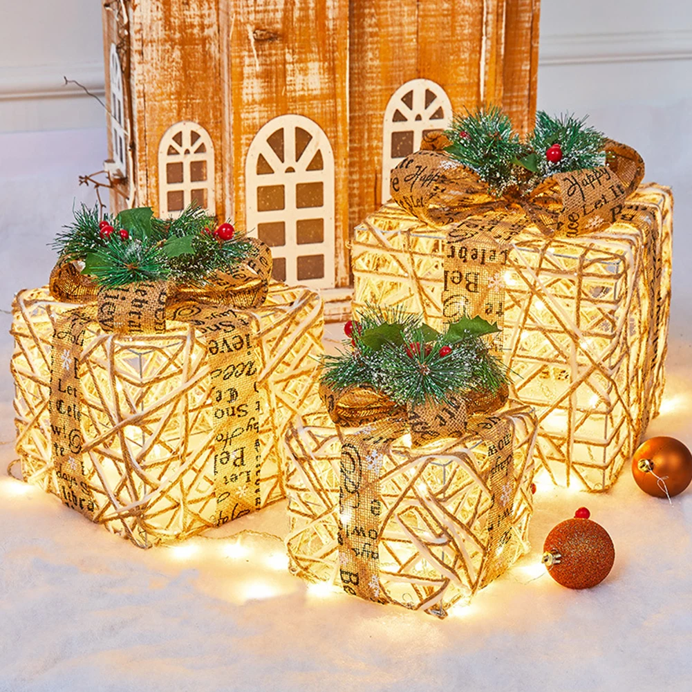 Christmas Foldable Lighted Metal Boxes 25/20/15CM Set of 3 Battery Operated for Outdoor Indoor Christmas Tree/Yard/Home Decor