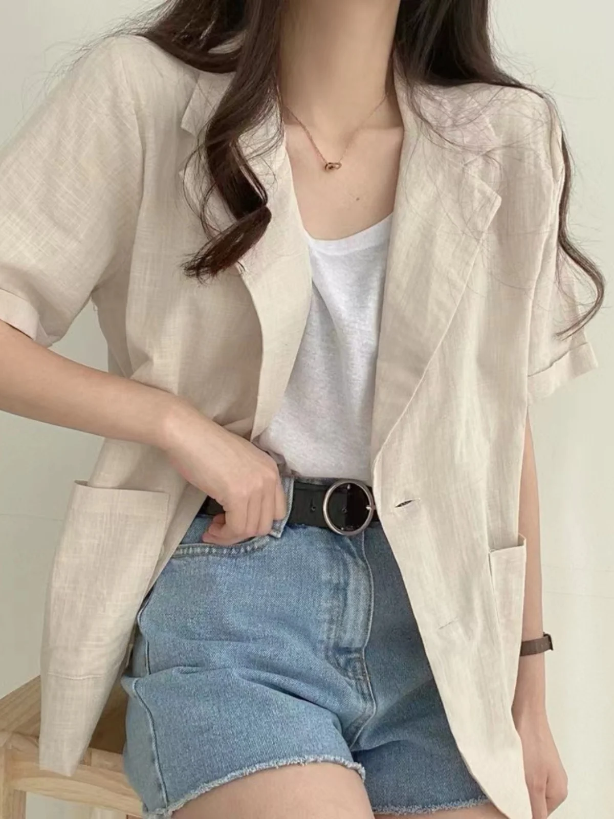 Chaqueta de traje de manga corta de dos botones, fina, de lino y aodón, transpirable, estilo coreano, e, csa de e...