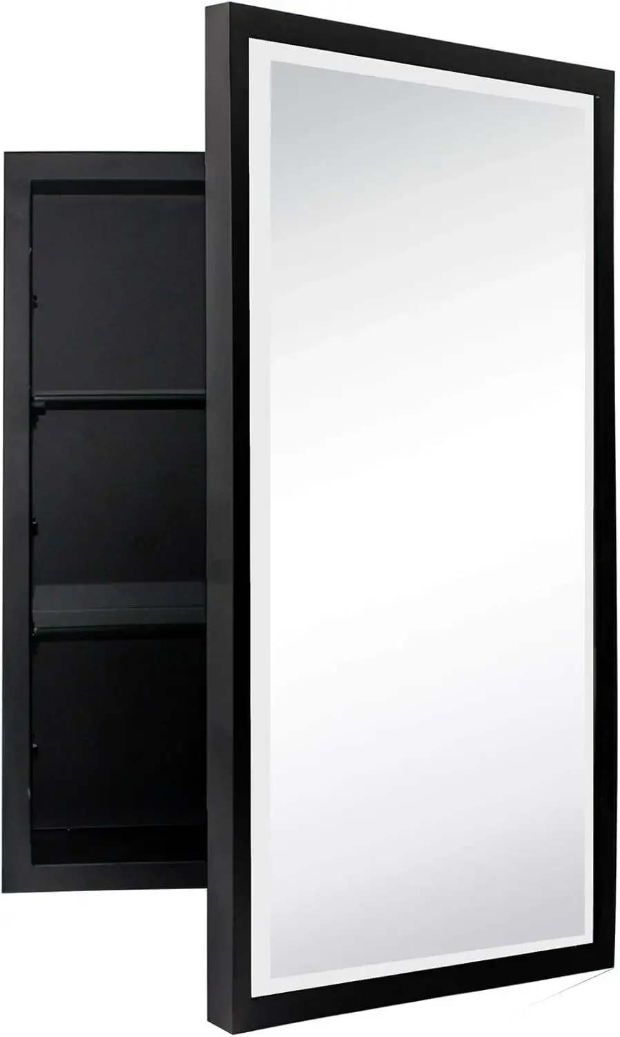 Black Metal Framed Recessed Bathroom Medicine Cabinet with Mirror Rectangle Beveled Vanity Mirrors for Wall 16 x 24 inches