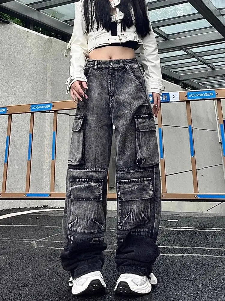 Trashy Y2K 2000S Streetwear Washed Black Baggy Cargo Jeans Pants For Women 90S Vintage Clothing Wide Leg Hip Hop Lady Trousers