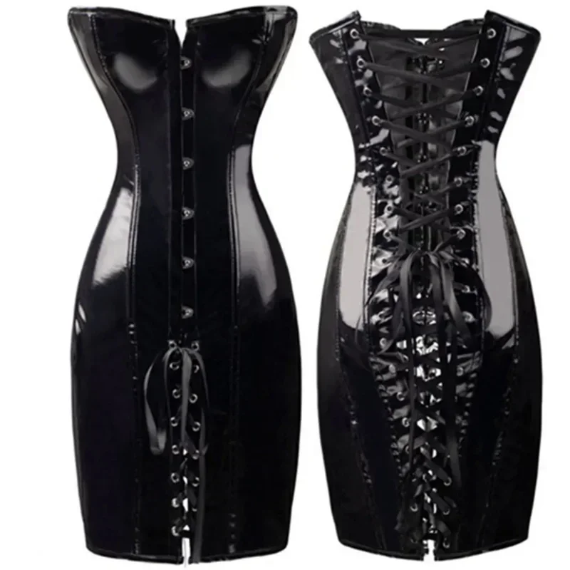 Хэллоуин Goede Kwaliteit Zwart Rood Gothic Wetlook Vinyl Pvc Jurk Sexy Vrouwen Lichaam Slank Korset Jurk Nachtclub Ds