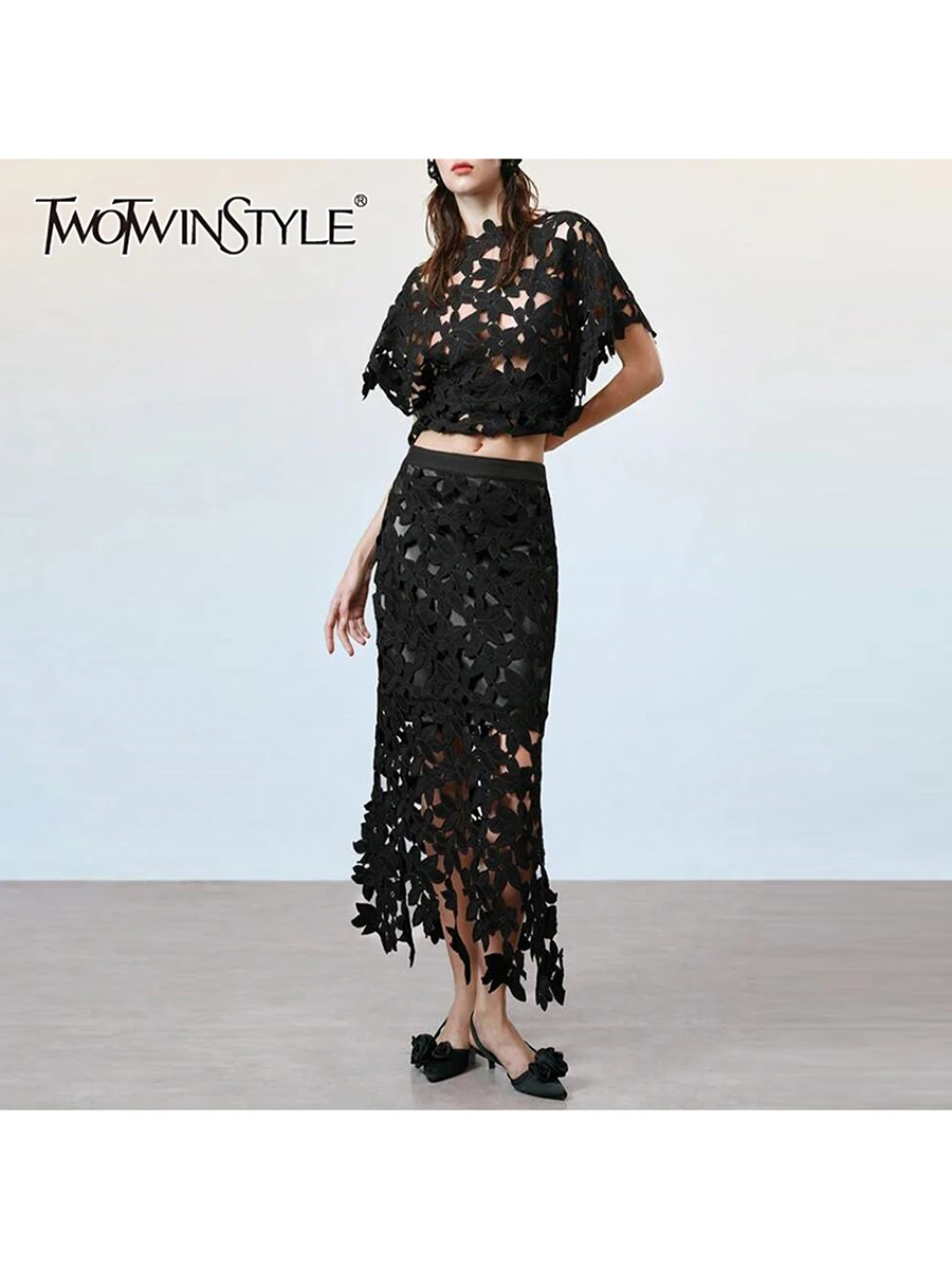 

TWOTWINSTYL Solid Hollow Out Spliced Flower Two Piece Sets for Women Round Neck Short Sleeves Blouse High Waist Skirt Set Female