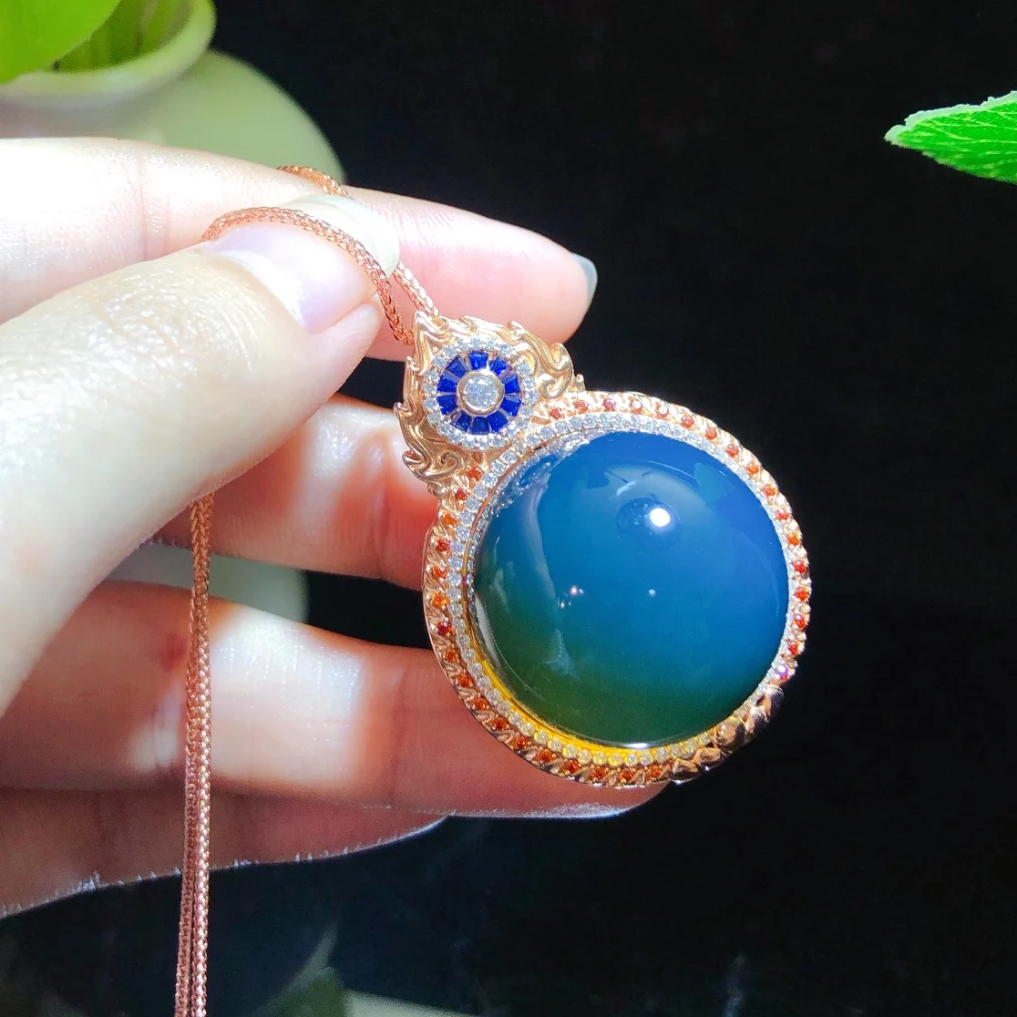 Mexican Blue Amber Silver Pendant 23mm Handmade Jewelry Floral Carving Vintage Luxury Adjustable Necklace