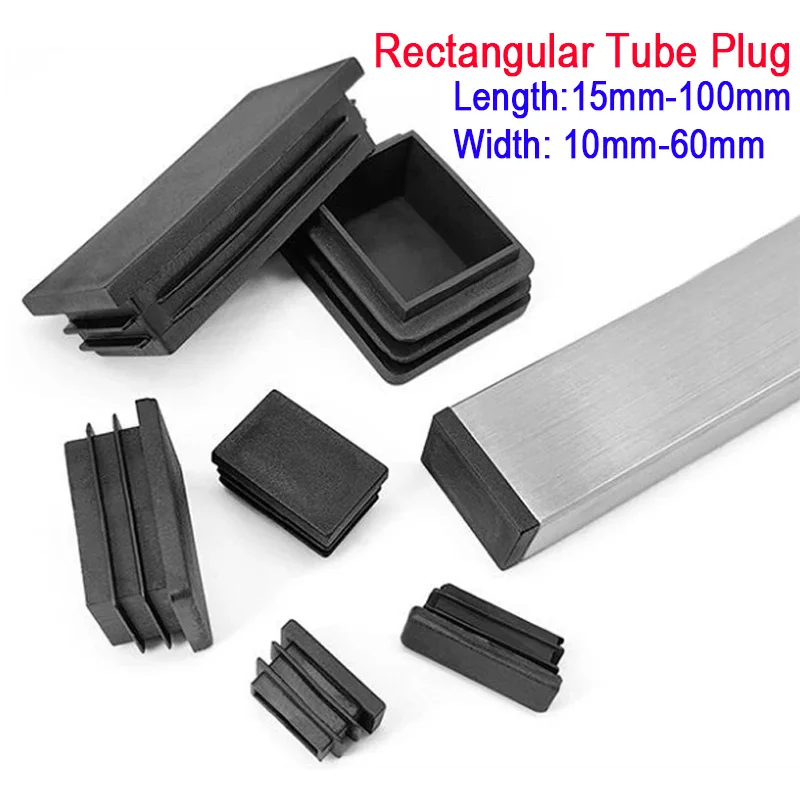 15~100mm Black Rectangular Steel Pipe Plug Plastic Furniture Leg Anti Slip Feet Protector Pad Tube Blanking End Cap Inserts Bung