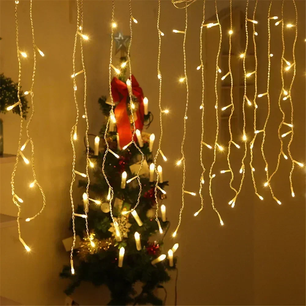 EU Plug Christmas Light Led เกล็ดหิมะน้ําแข็งเสาม่านแสงผ้าม่าน Garland Fairy String ไฟกลางแจ้งสําหรับ Home Party Garden