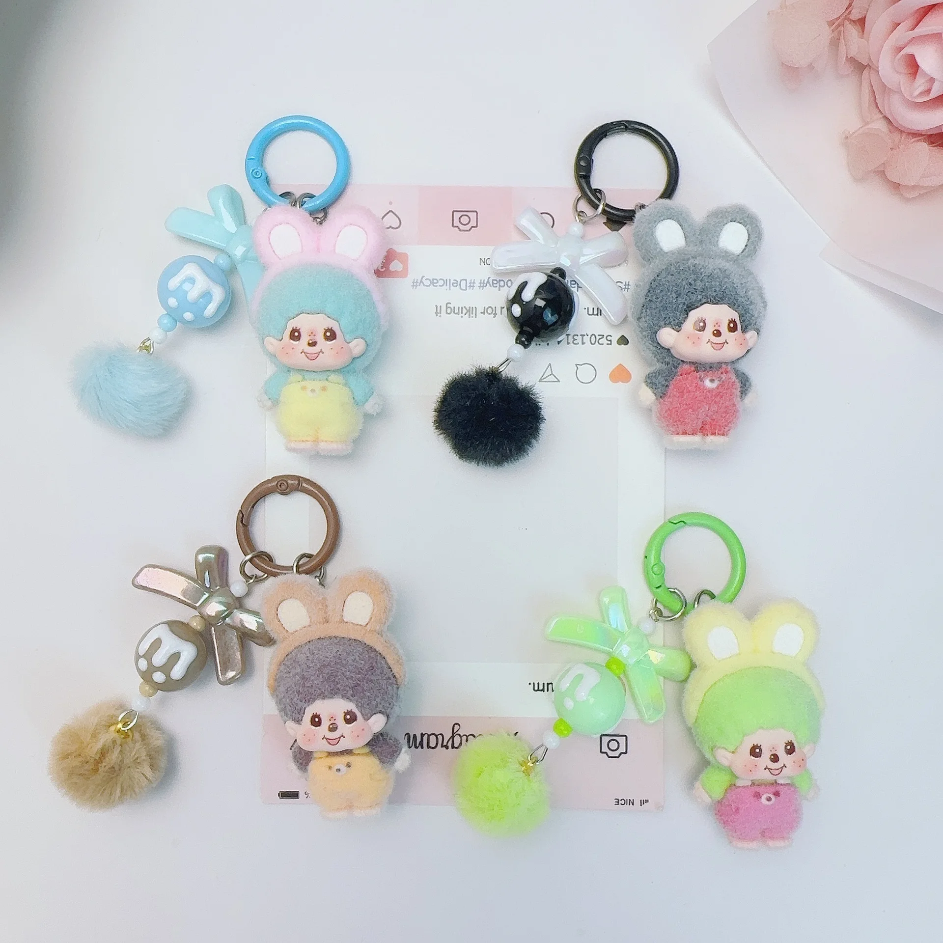 Flocking Monchichi Keychains with Bow Cute Monchichi Keychain Pendant for Bags Anime Bags Charm Keyring Girls Bag Pendant Gifts