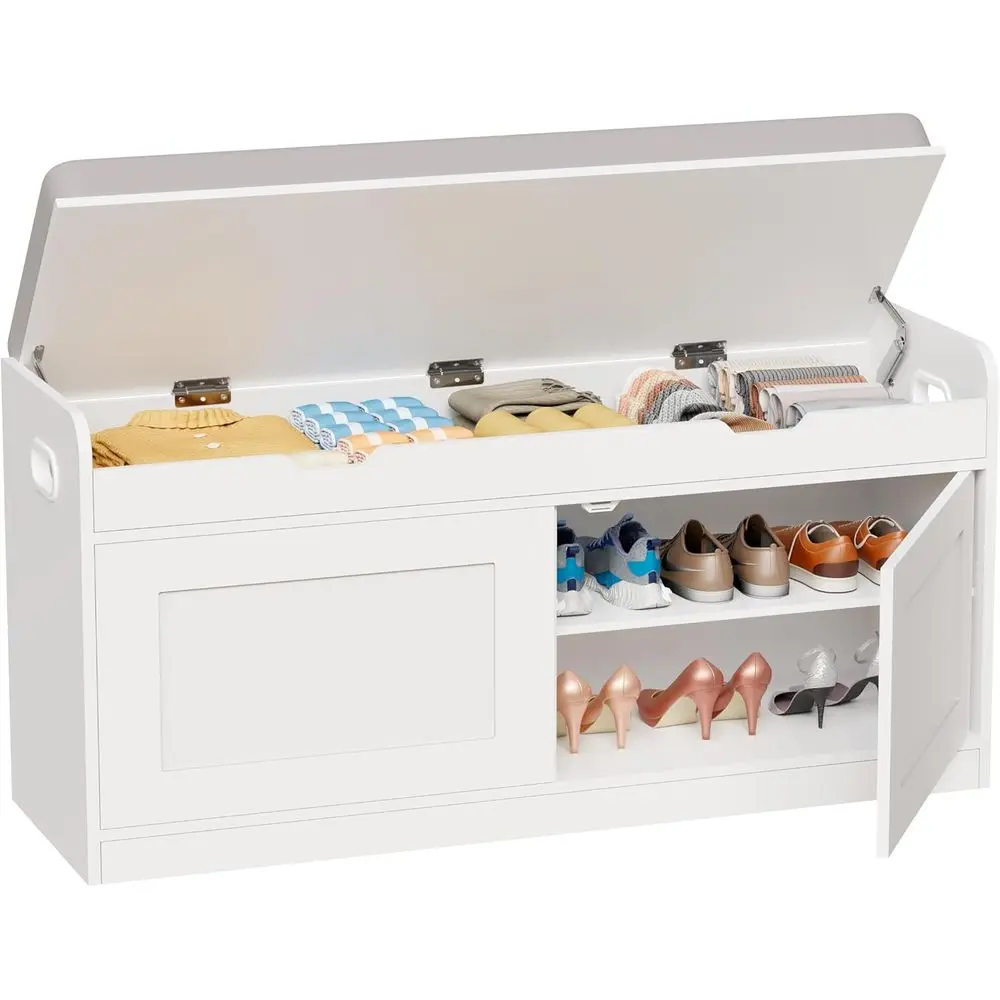 2-Tier Storage Bench, 39.4 Wide Shoe Bench with Lit-Up Top, Shoe Storage Bench with Cushion, Shoe Cabinet with Handle and Adjust