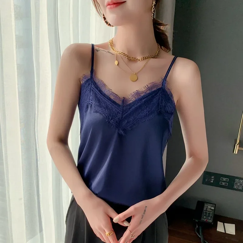 2024 Big Lace Silk Sling V-neck Lace Silk Camisole Women Base Top Silk Top Women Camis Satin Sling White Top Green Lace Top