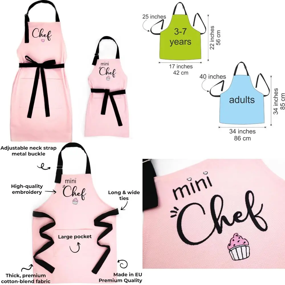

Mother-Daughter Chef Aprons for Kitchen Cooking and Baking, Adult and Child Size, Mommy and Me Cooking Fun