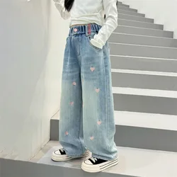 New Children Clothes Girl High Waist Straight Wide Leg Jeans Pants For Teenage Kids Casual Denim Trousers With Heart Embroider