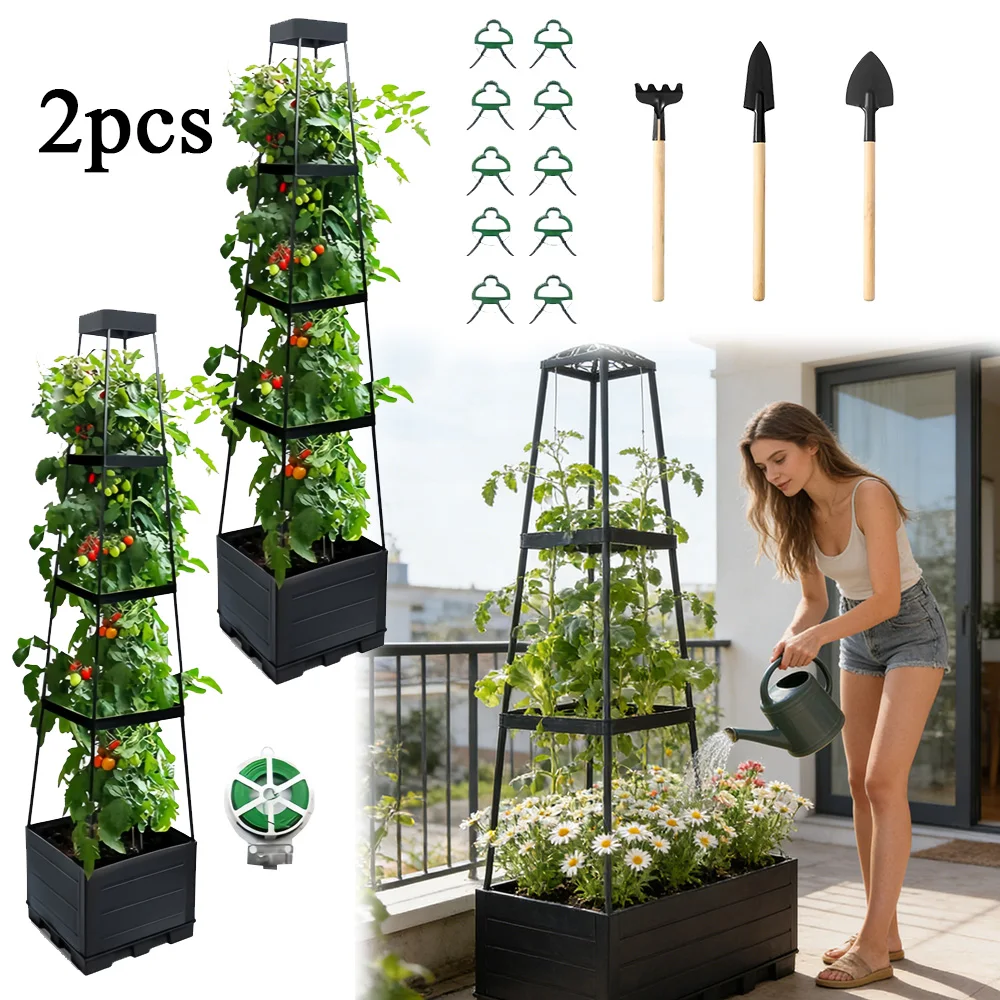 2 unidades de soporte de torre de 4 niveles para plantas trepadoras, con cajas de cultivo cuadradas de autorriego, kit de soporte para cama elevada de jardín, con clips de fijación de plantas, cuerda, pala, rastrillo y herramientas de trasplante, para tomate, guisante, uva, gloria de la mañana, para plantación en interiores, exteriores y balcones