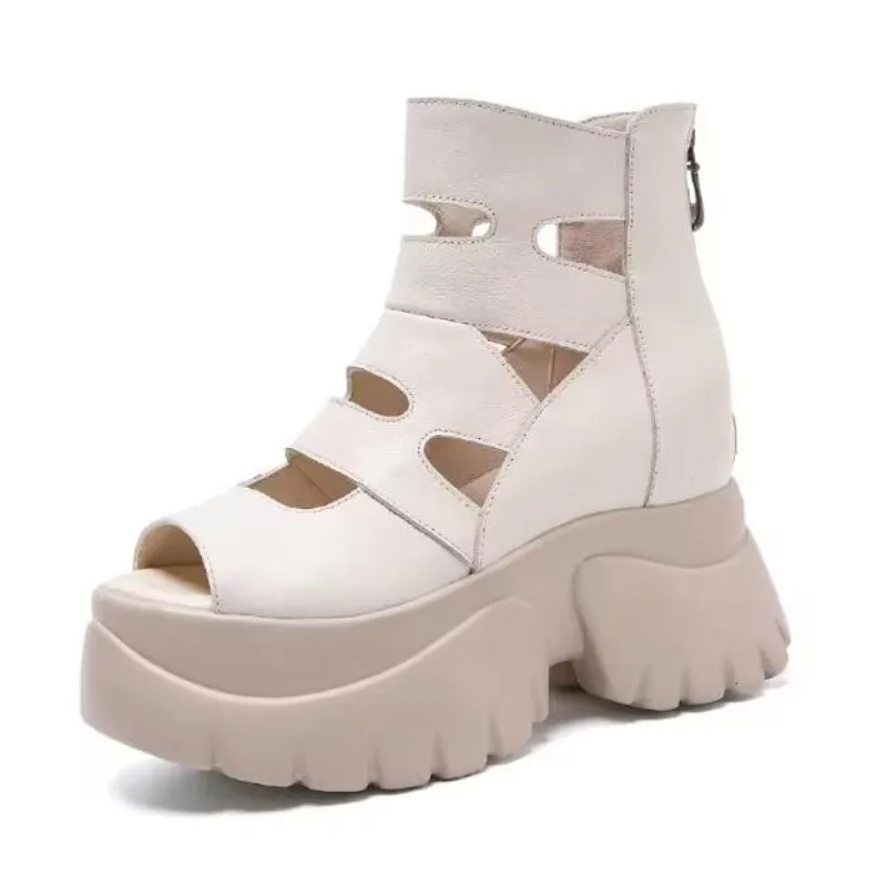 9cm Retro Genuine Leather Open Toe Sandals Women Summer Platform Increasing Hollow Back Zipper High Top Casual Sandals