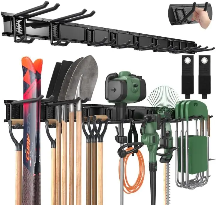 720lbs Garage Tool Organizer Wall Mount - Heavy Duty Metal Storage Rack with Adjustable Hooks, Anti-Rust Shed Rack for Rake Broom Mower Snowboard