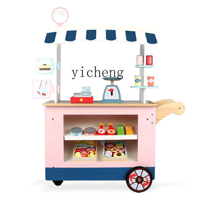 Tqh Children's Convenience Car Canteen Store Suit Wooden Ice Cream Play House Simulation Supermarket Cash Register Toy