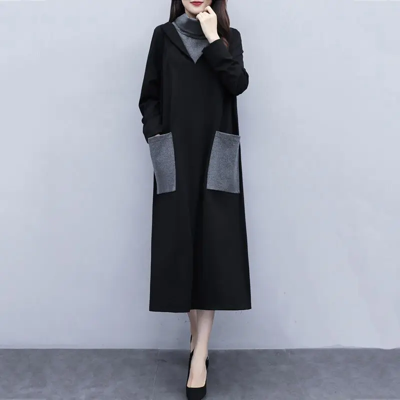 

2023 Autumn and Winter Women's High Neck Panel Pocket 3D Decoration Loose Casual Fashion Elegant Commuter Long Sleeve Dress