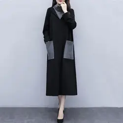2023 Autumn and Winter Women's High Neck Panel Pocket 3D Decoration Loose Casual Fashion Elegant Commuter Long Sleeve Dress