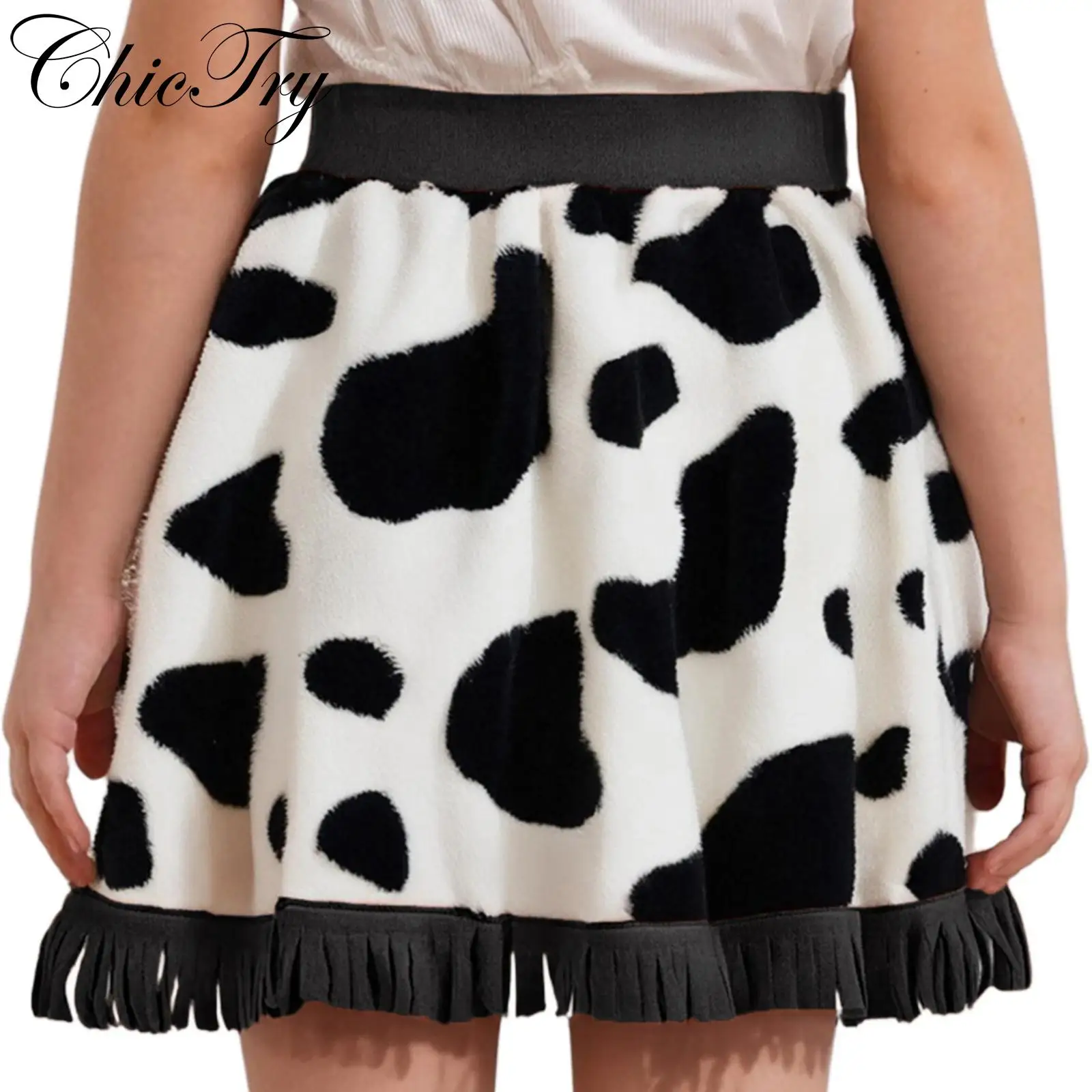 

Kids Girls Cowgirl Costume Halloween Cosplay Party Skirt Contrast Color Elastic Waistband Suede Tassel Flannel Roleplay Skirt