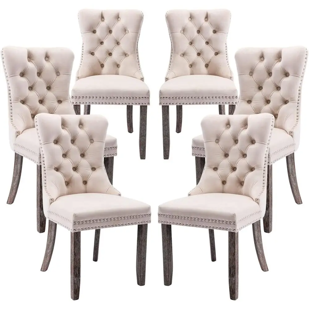 

Комплект из 6 обитых тканью обеденных стульев с пуговицами и декоративной отделкой, бежевые, для кухни, столовой и ресторанов