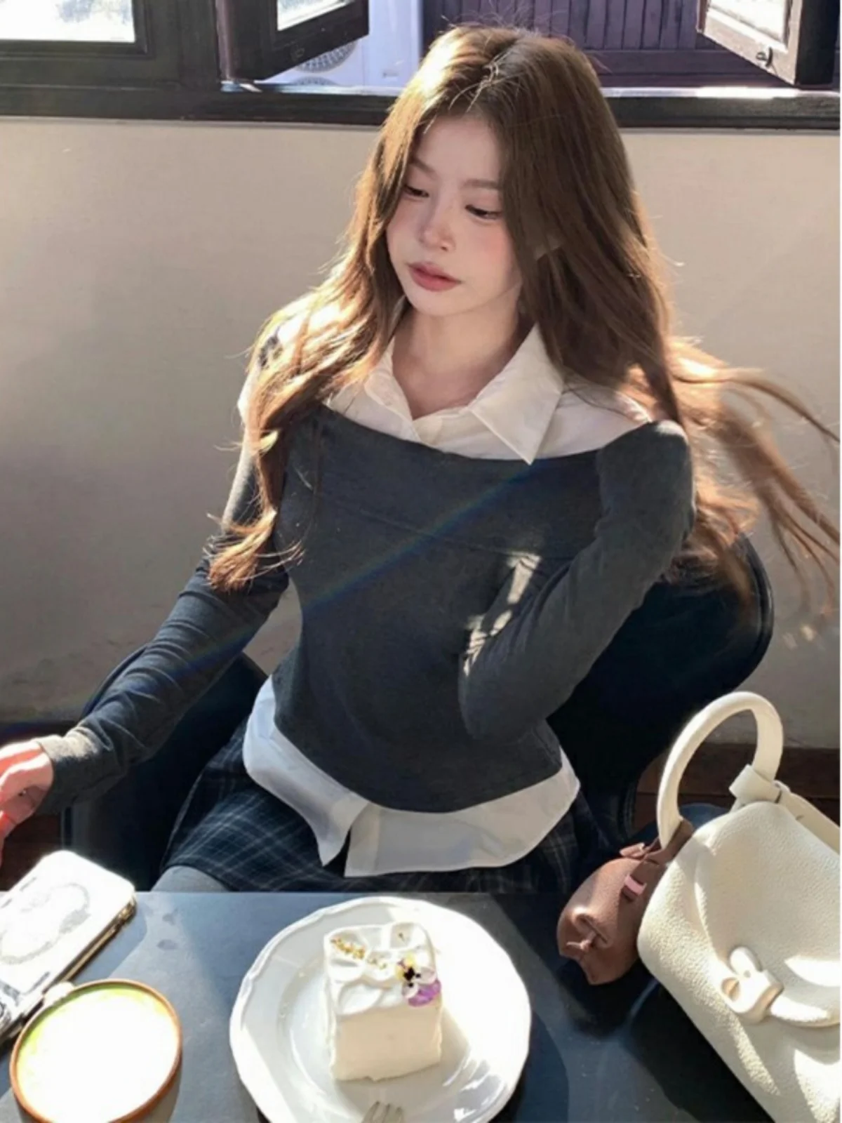 

plus Size Spicy Girl Preppy Sle Ne T-irt Women's Autumn Winter New High-End Feel Patchwork Inner Wear Top