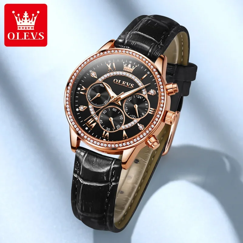 OLEVS Women's Watches Fashion Elegant Diamond Bezel Original Watch for Ladies Soft Leather Strap Waterproof Luminous Chronograph