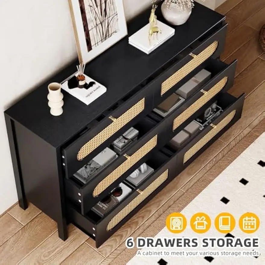 หวายธรรมชาติ 6 ลิ้นชัก Dresser,ไม้สีดํา Boho Double Dresser ลิ้นชัก Golden Handles, โมเดิร์นตู้เสื้อผ้าขนาดใหญ่ Dres