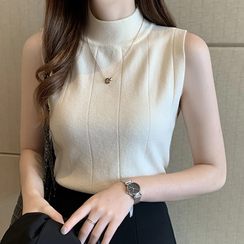 Korean Summer Women Shirt Tops Casual Sleeveless Solid Turtleneck Knitted Blouse Women Ladies Tops Fashion Clothes Blusas 8623