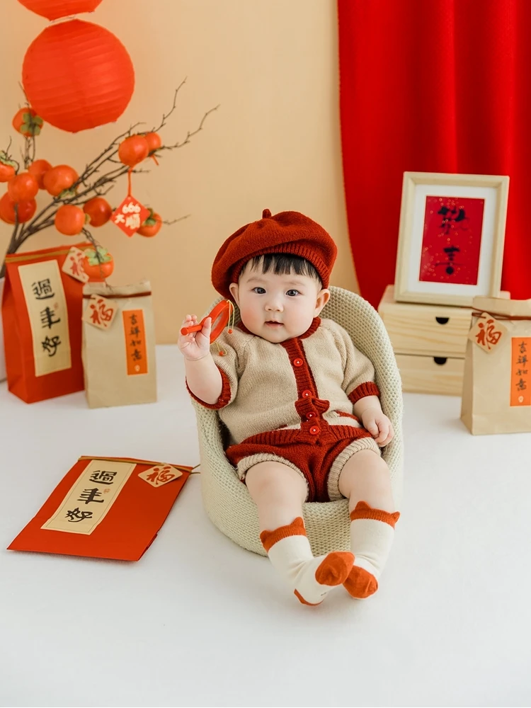 New Childrens Photography Clothing Baby 100 Day Old Year Photo Photography Clothing Beret Knit Set Theme  ニューボーンフォト