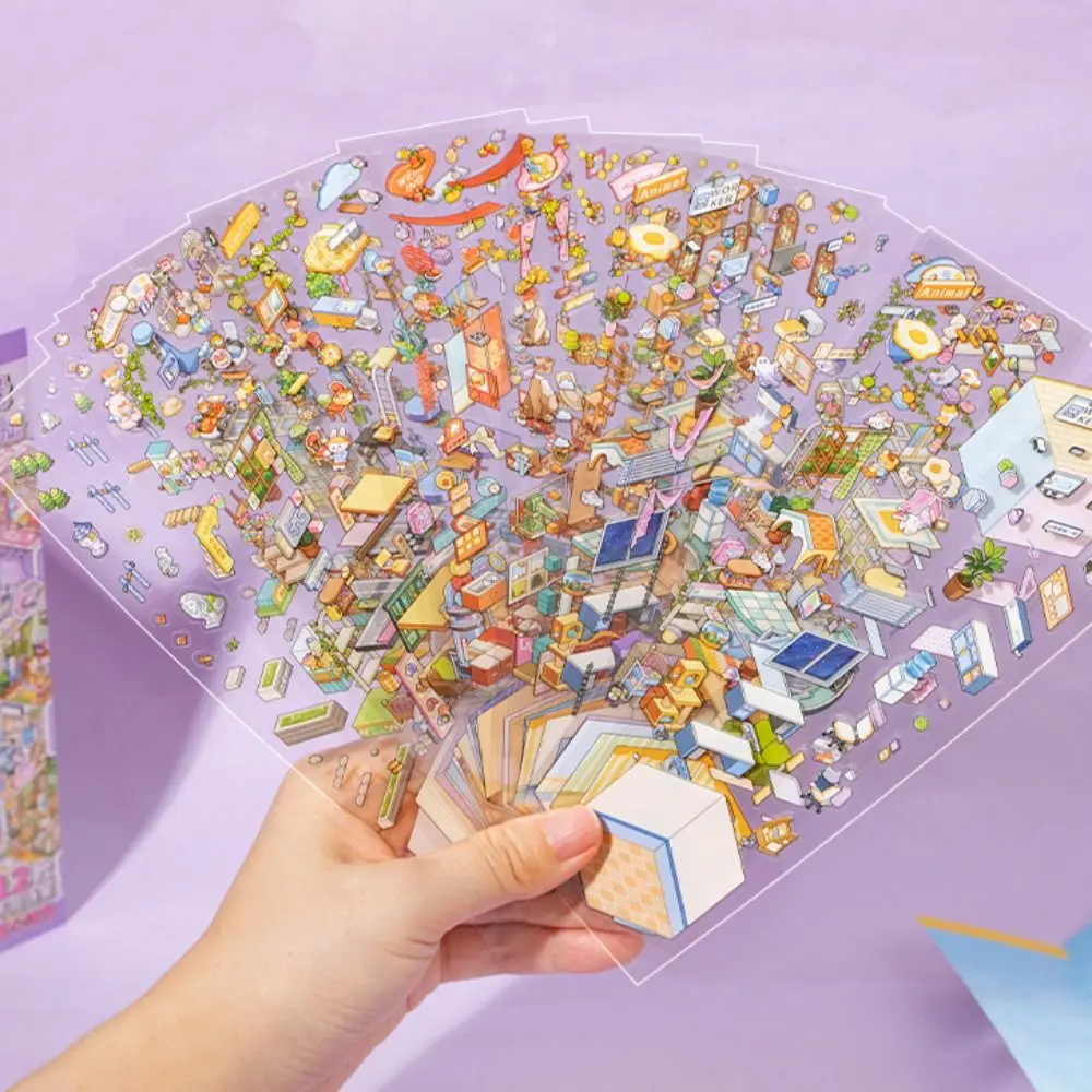 Fun PET Die-Cut Scene Sticker Decompression Visual Stacking 3D Cabin Scene 3D Scenery Stacking Sticker Creative Play