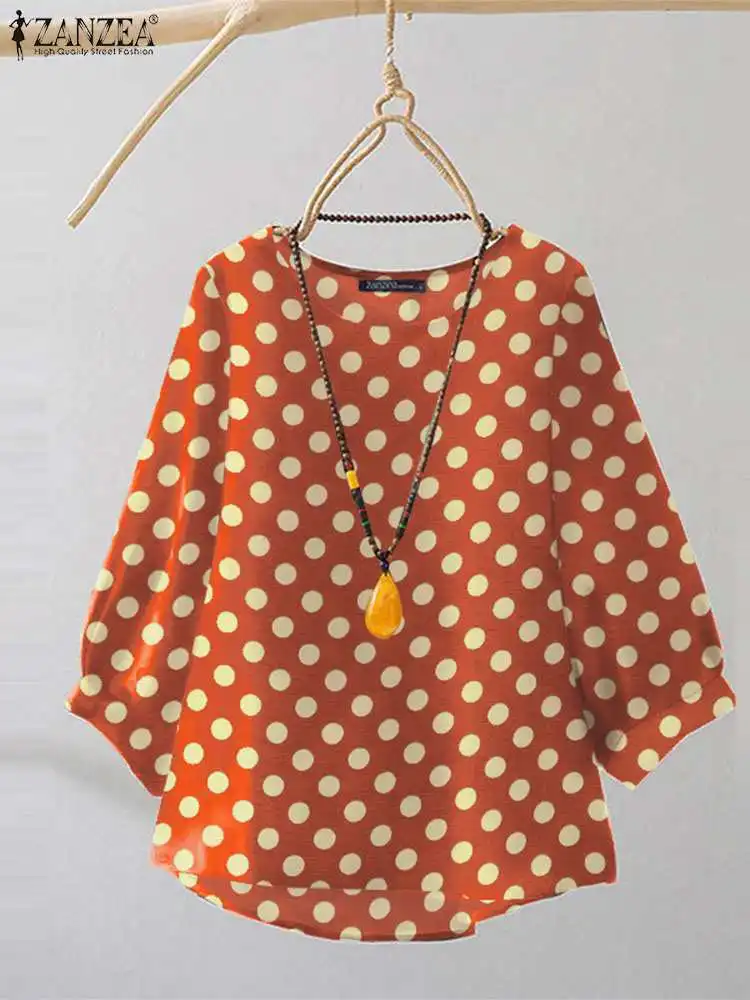 ZANZEA Women Round Neck Tops Vintage 3/4 Sleeve Tunic 2024 Casual Polka Dot Printed Smock Blouse Autumn Holiday Loose Shirts