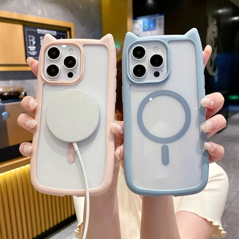 Cute Cat Ear Magsafe Transparent Phone Case For iPhone 11 12 13 14 15 Pro Max Plus Shockproof Magnetic Bumper Back Cases Cover