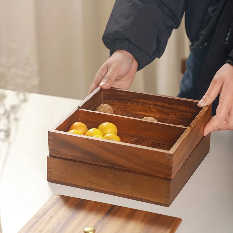 Walnut Double-layer Dried Fruit Tray with Wooden Lid Home Candy Acacia Storage Box Multi-layer Stackable