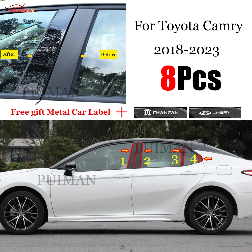 

8PCS Car PC Door Window Middle Column Trim Decoration Protection Stylings Strip For Toyota Camry 2018 2019 2020 2021 Accessories