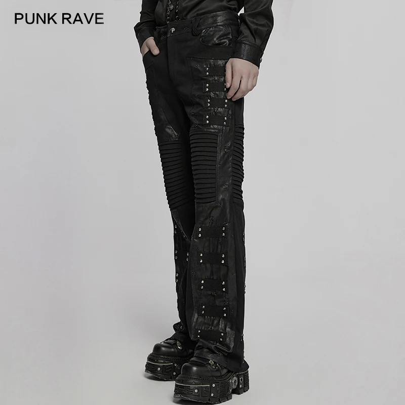 PUNK RAVE Men's Punk Street  Front 3D Pleats Highlight Straight Pants Rivets Woven Decorations Fashion Black Trousers
