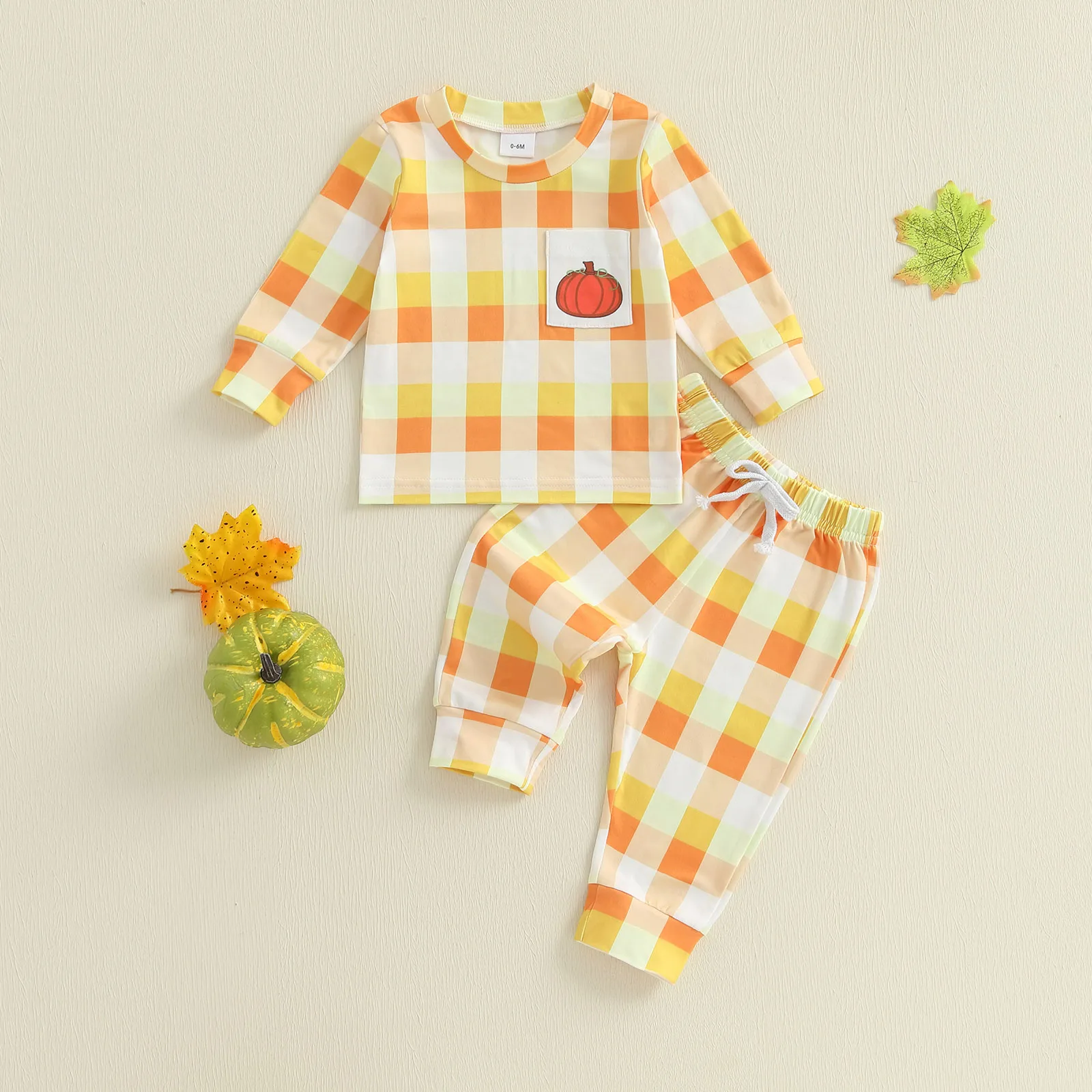 

0-3 Years Toddler Baby Halloween Clothes Plaid Print Long Sleeve Tops Elastic Waist Pants 2Pcs Fall Outfit