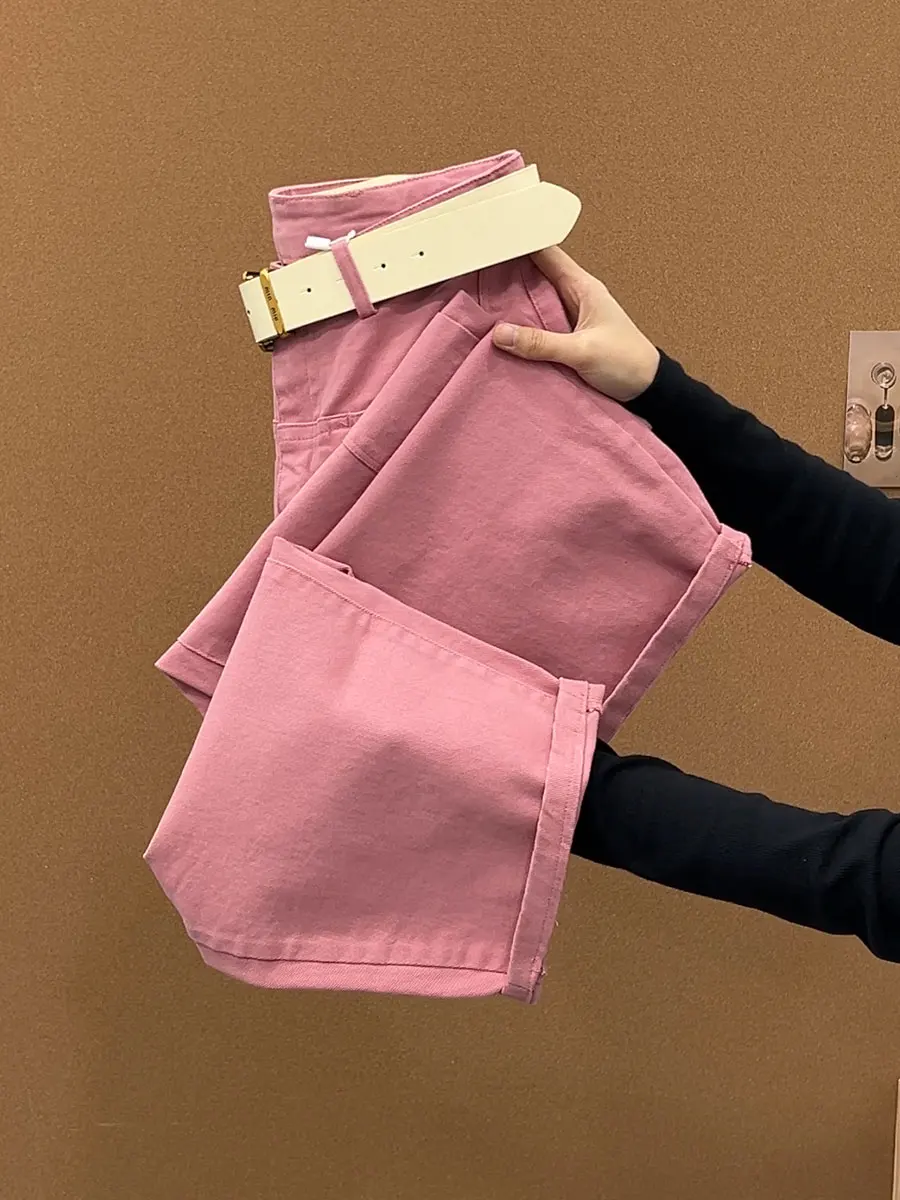 

Свободные розовые джинсы больших размеров с высокой талией и прямым кроем для женщин: комфортные, дышащие, из смесового хлопка