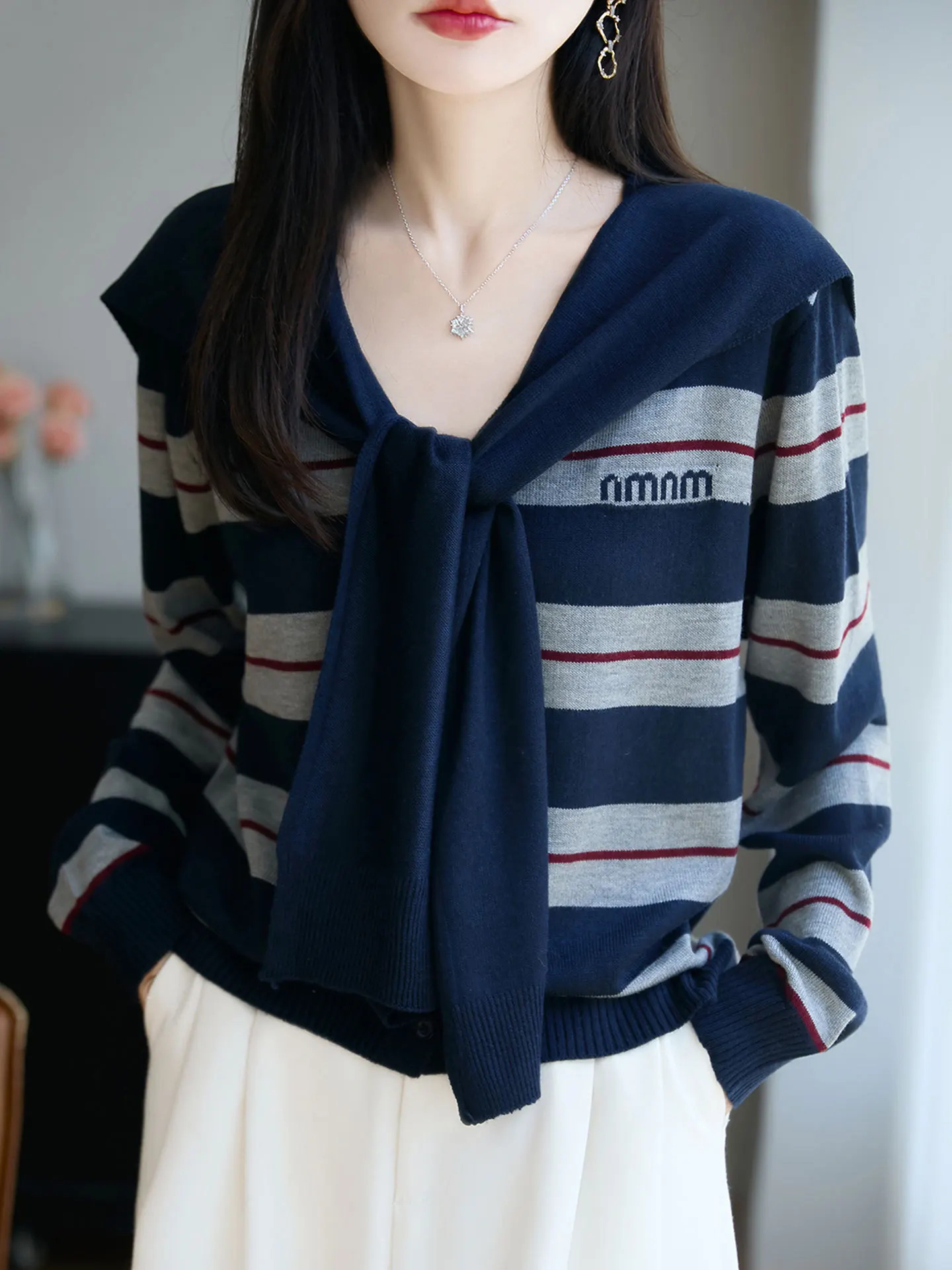 

Casual Loose Women's Knitted Cardigan Sweater with Shawl Early Autumn Winter Striped Open-irt Style Soft Long Sleeve Tops