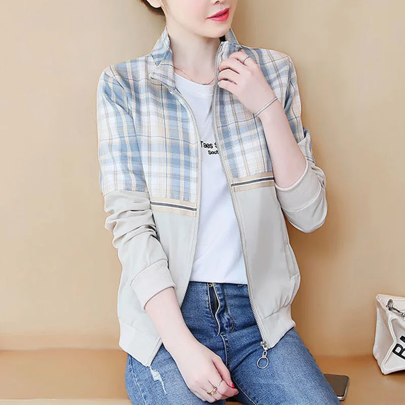 New Spring and Autumn Fashion Korean Edition Spliced Checkered Standing Collar Versatile Casual Simple Women\'s Jacket Coat